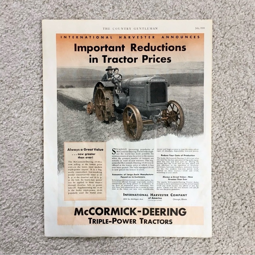 Vintage 1930 INTERNATIONAL HARVESTER McCormick-Deering Tractor Original Print Ad